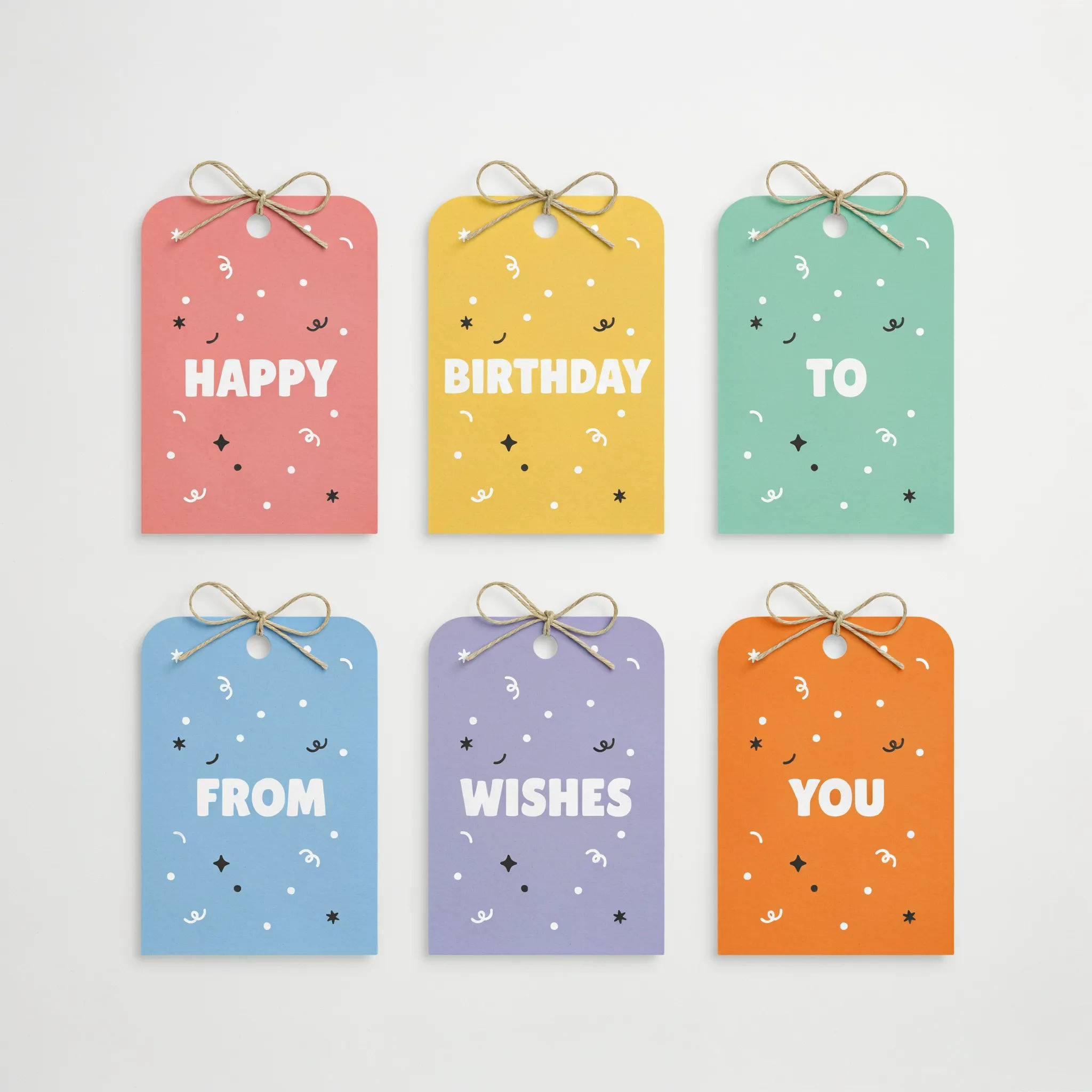 Colourful confetti birthday gift tags arranged in a matching set