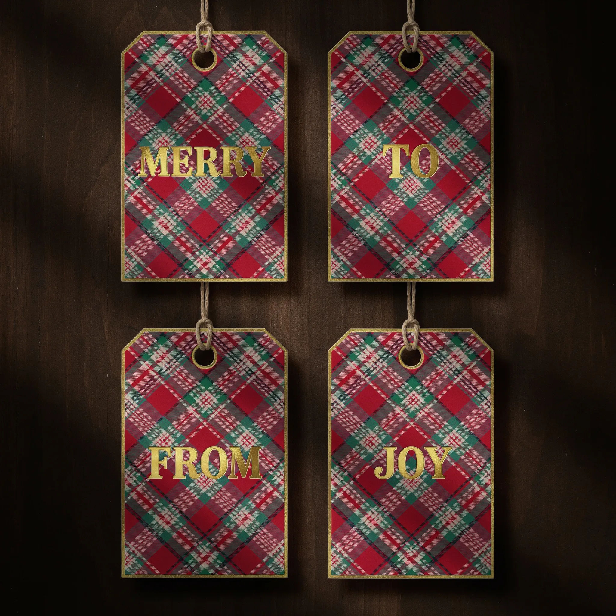 Red and green plaid holiday gift tags with gold edges