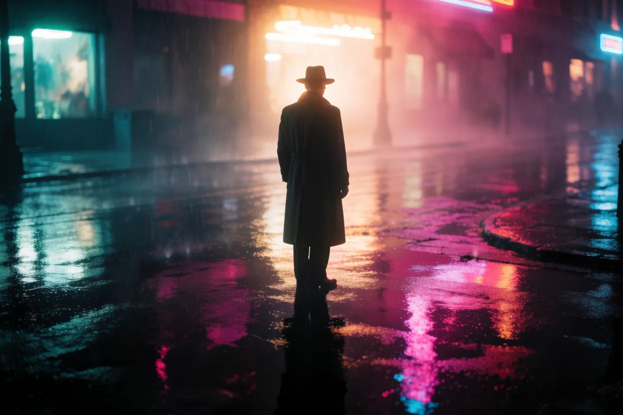 City night shot with a neon cyberpunk glitch treatment
