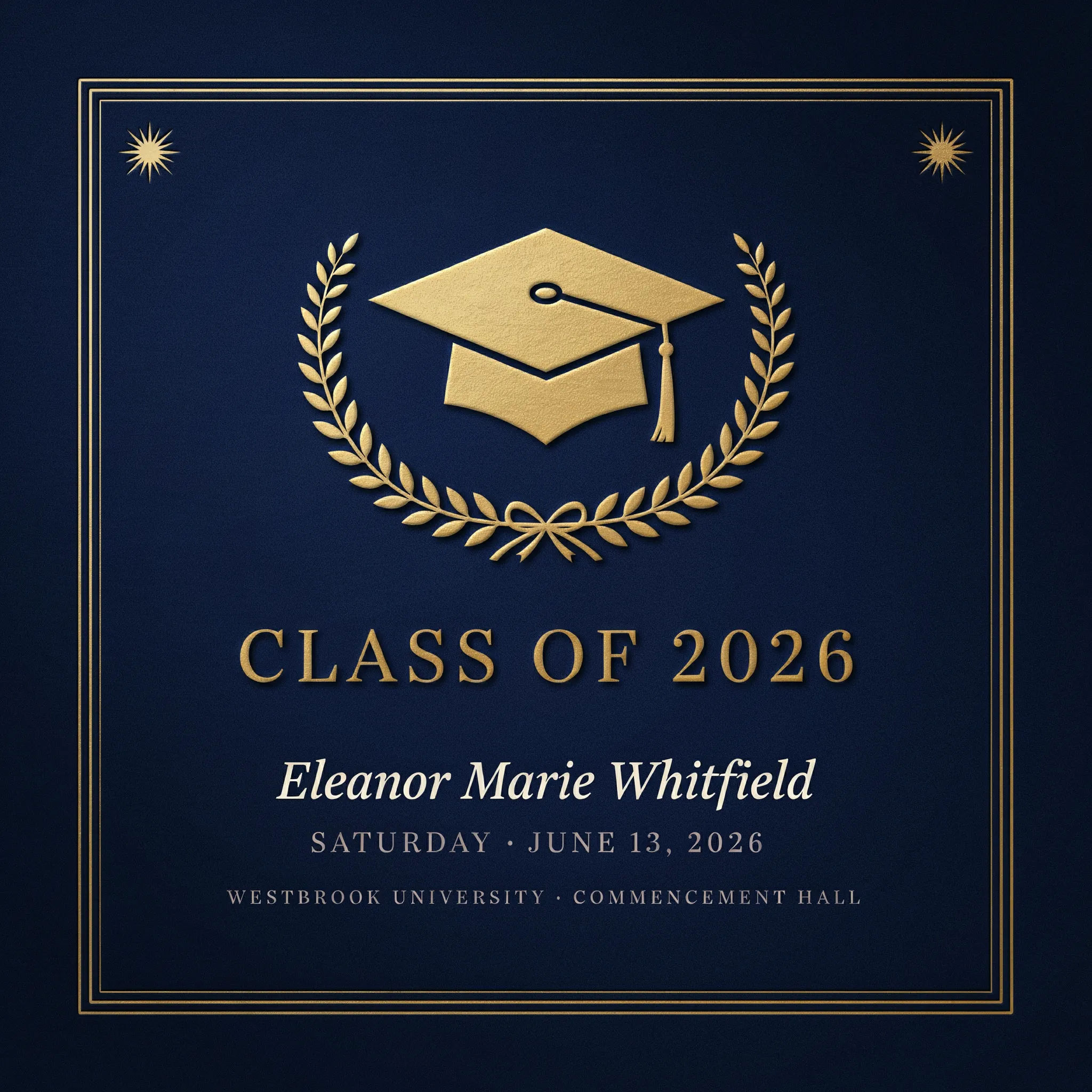 Cap-and-gown photo styled as a classic graduation announcement