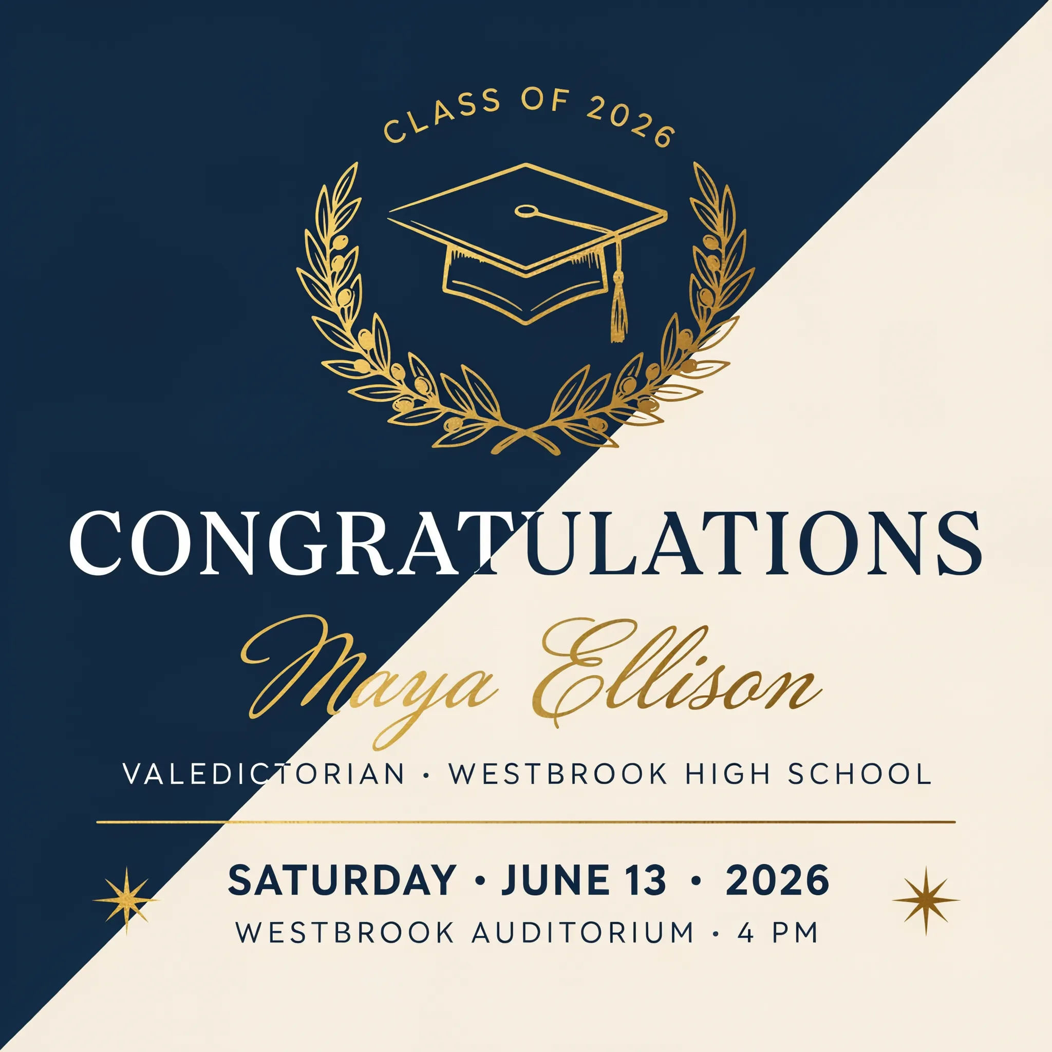 Graduation photo styled as a bold color-block announcement