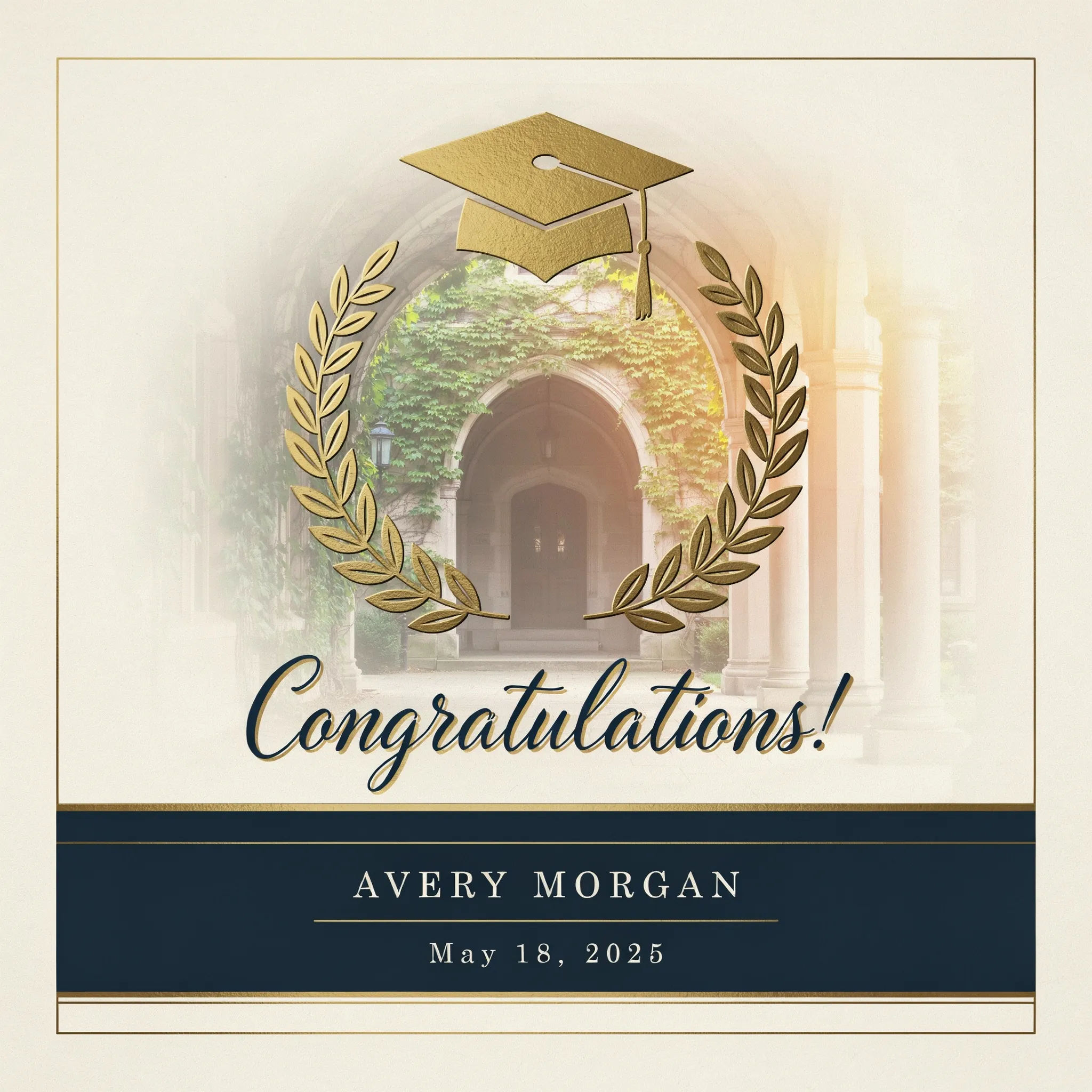 Graduation announcement with a soft campus backdrop