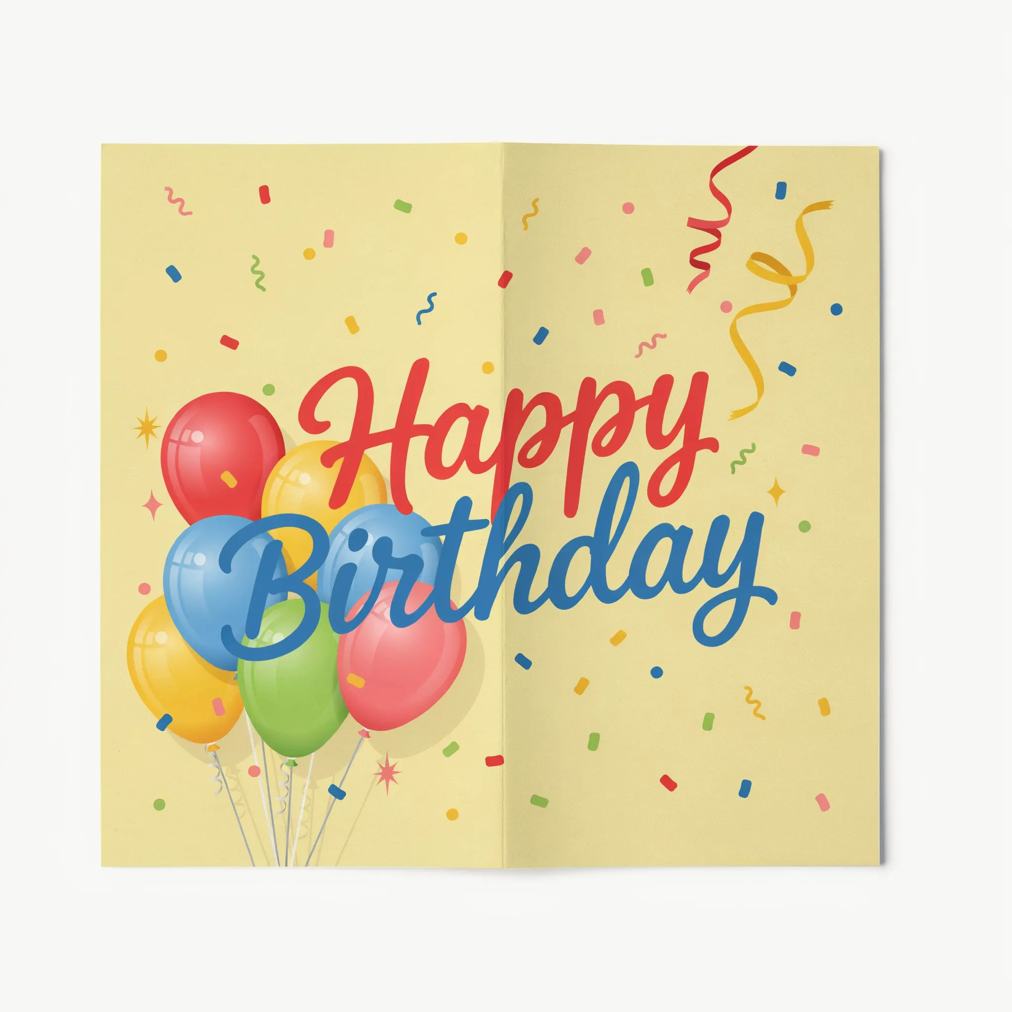 Birthday card with confetti and balloons and hand-lettered Happy Birthday