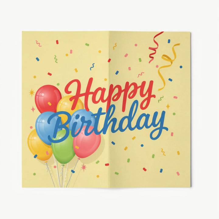 Cartão de aniversário com confete, balões e Feliz Aniversário desenhado à mão