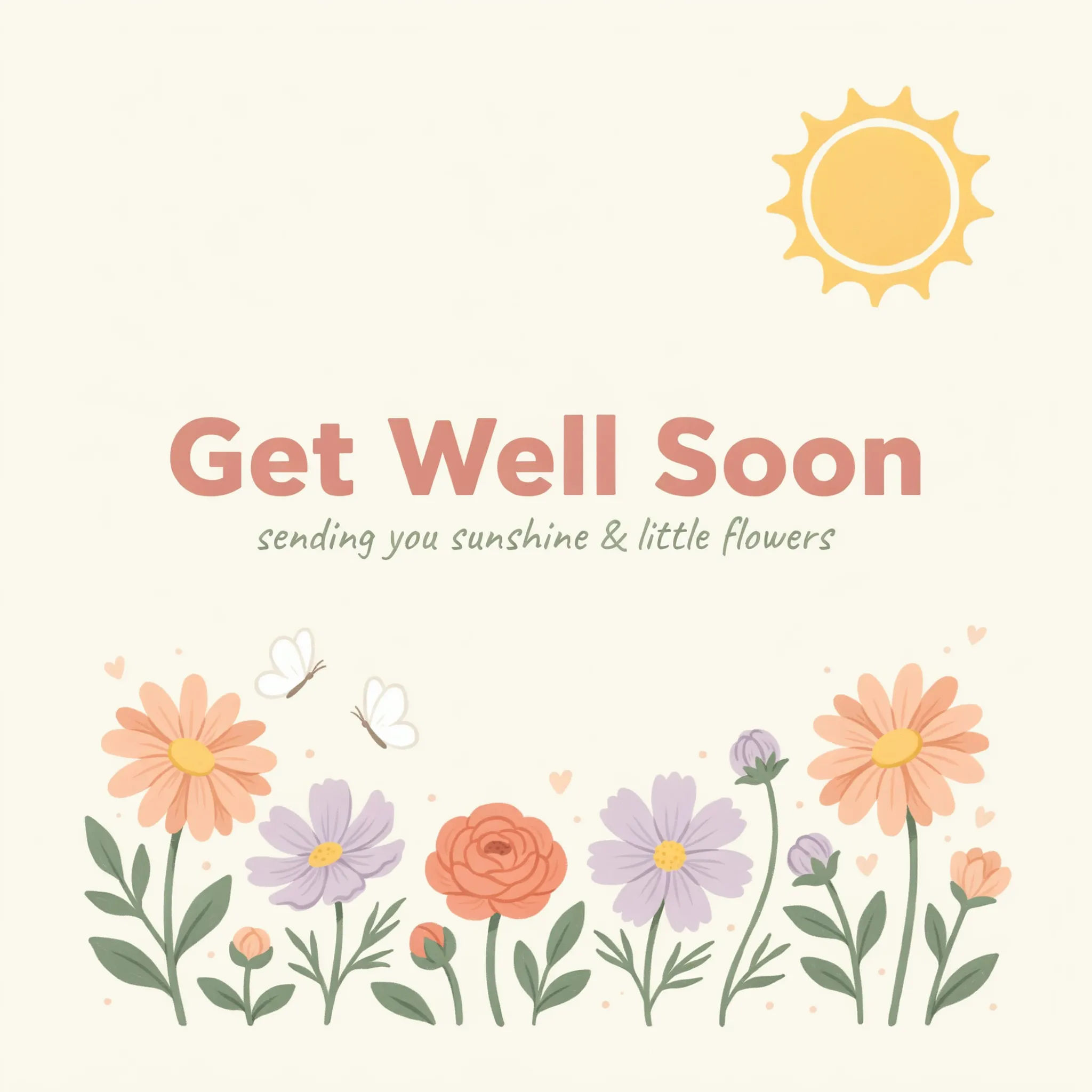 Get well soon card with illustrated flowers and warm sun in pastels
