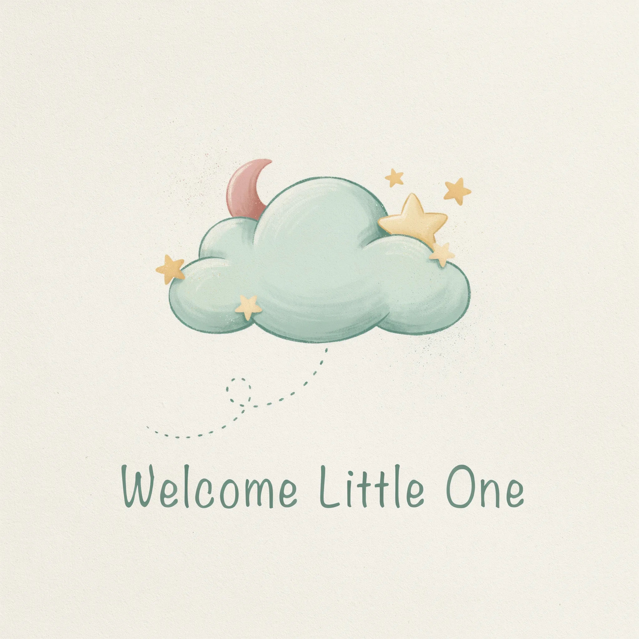 New baby card with clouds and stars in mint and cream