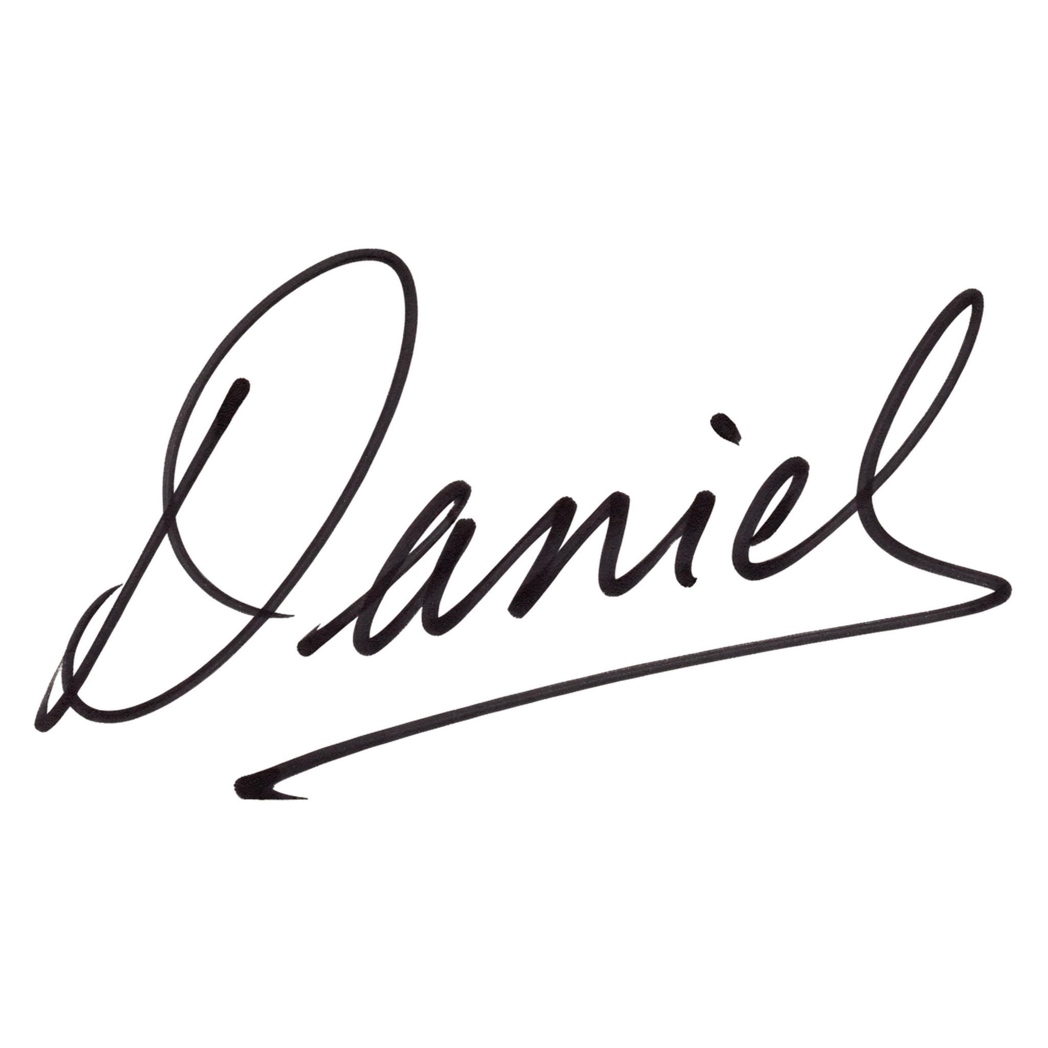Flowing cursive black ink signature of the name Daniel