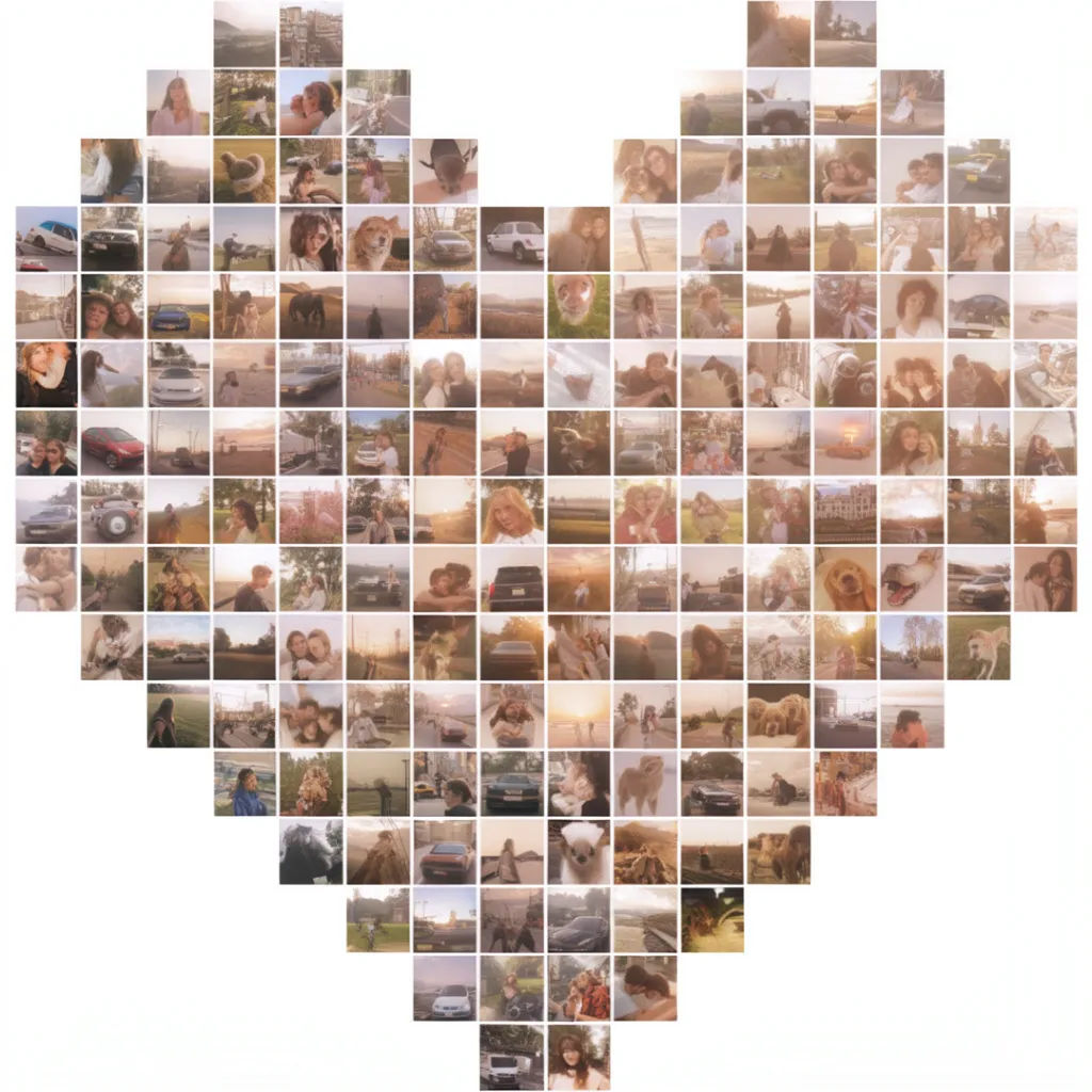 Many small photo tiles filling a heart shape as a dense mosaic