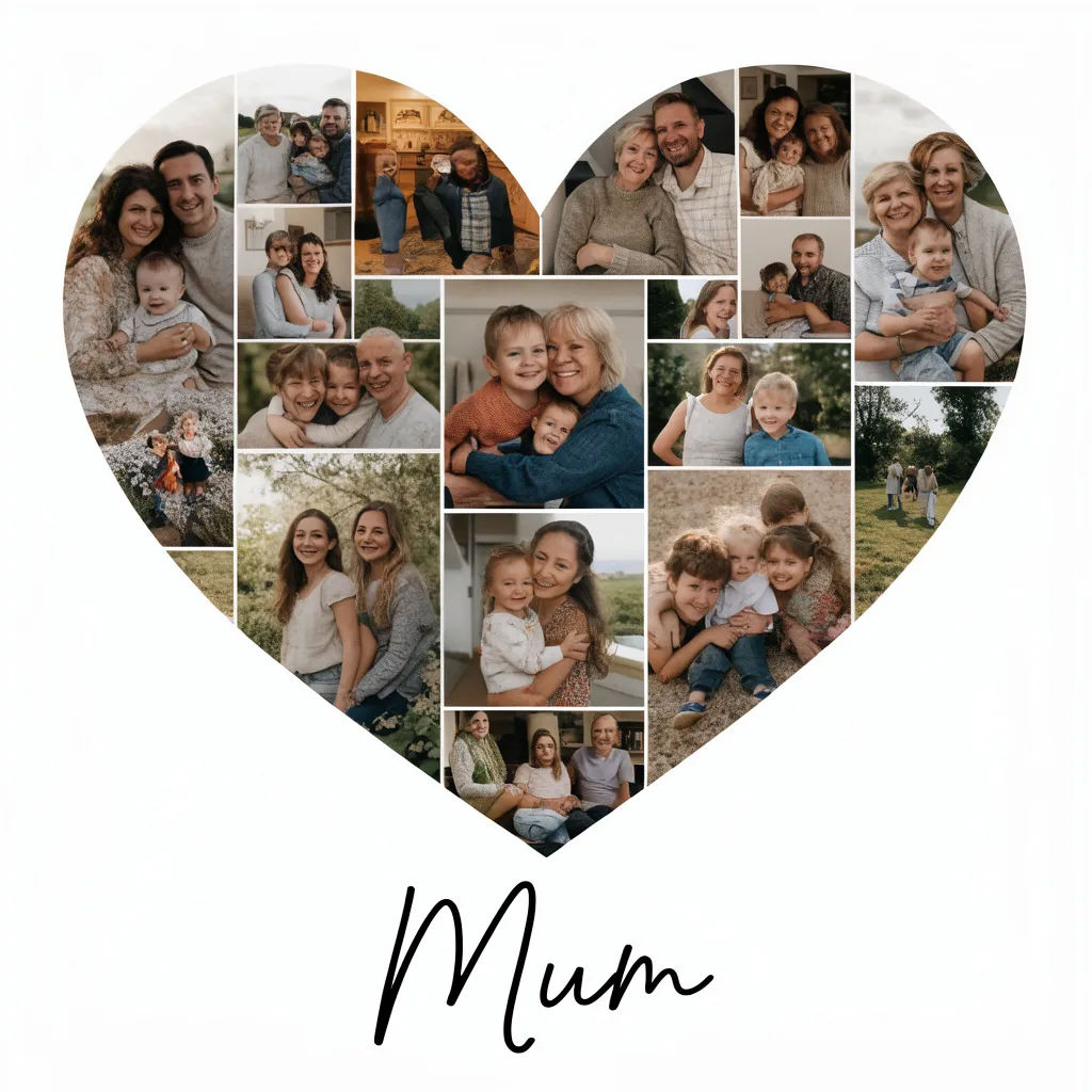 Heart photo collage on white with a name set in script below