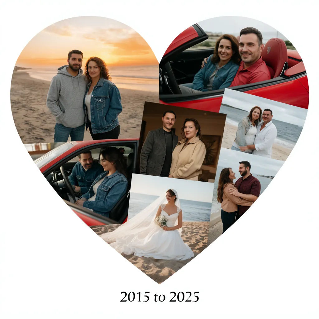 Couple photos in a warm heart collage with an anniversary date below