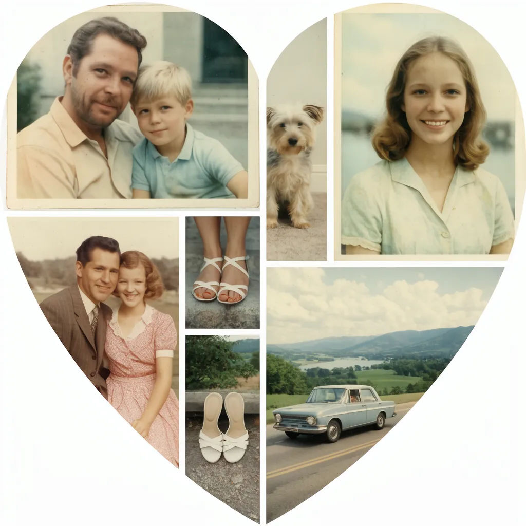 Heart shaped photo collage with a soft pastel colour balance and thin borders