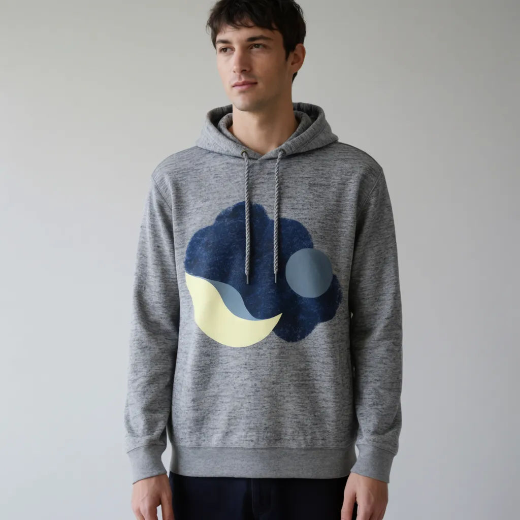 Model wearing a heather grey hoodie with a chest print against a studio wall
