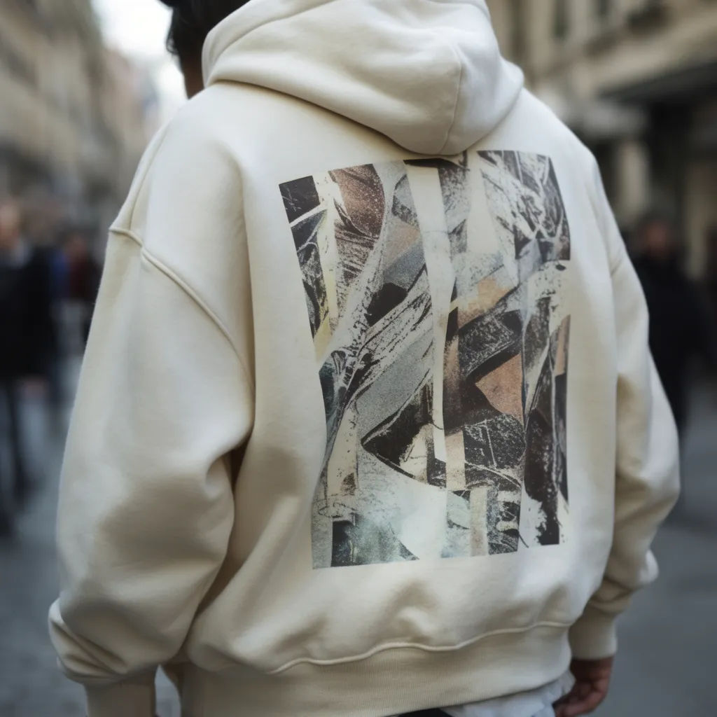 Model wearing an oversized cream hoodie with a back print on a city street