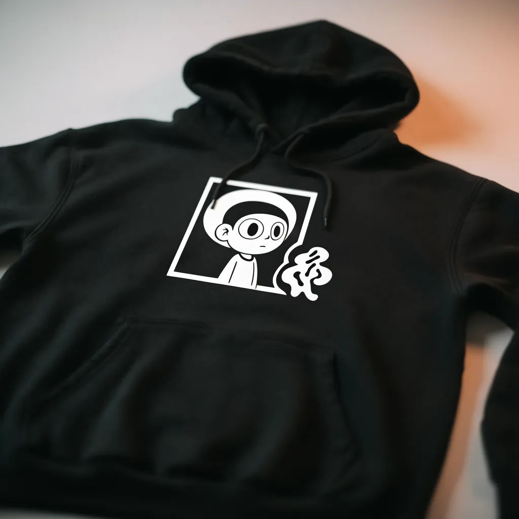 Black hoodie laid flat with a centered chest print seen from above