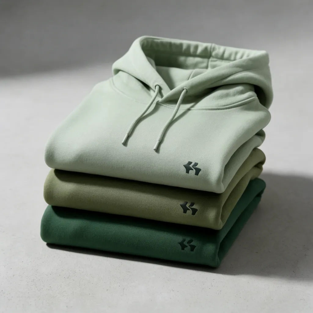 Three folded hoodies in different colors with a left-chest logo