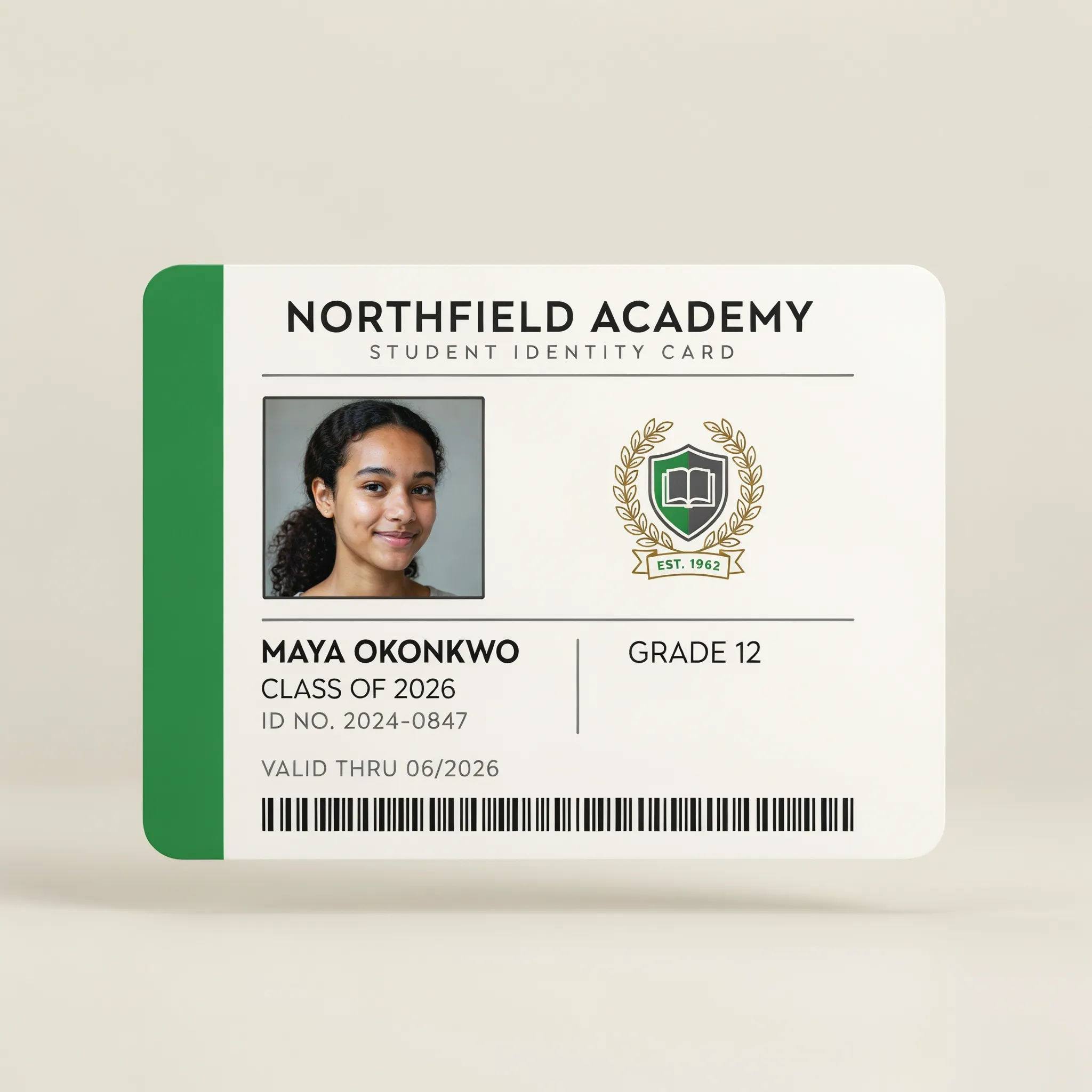 Modern green-accented student ID card with a school crest