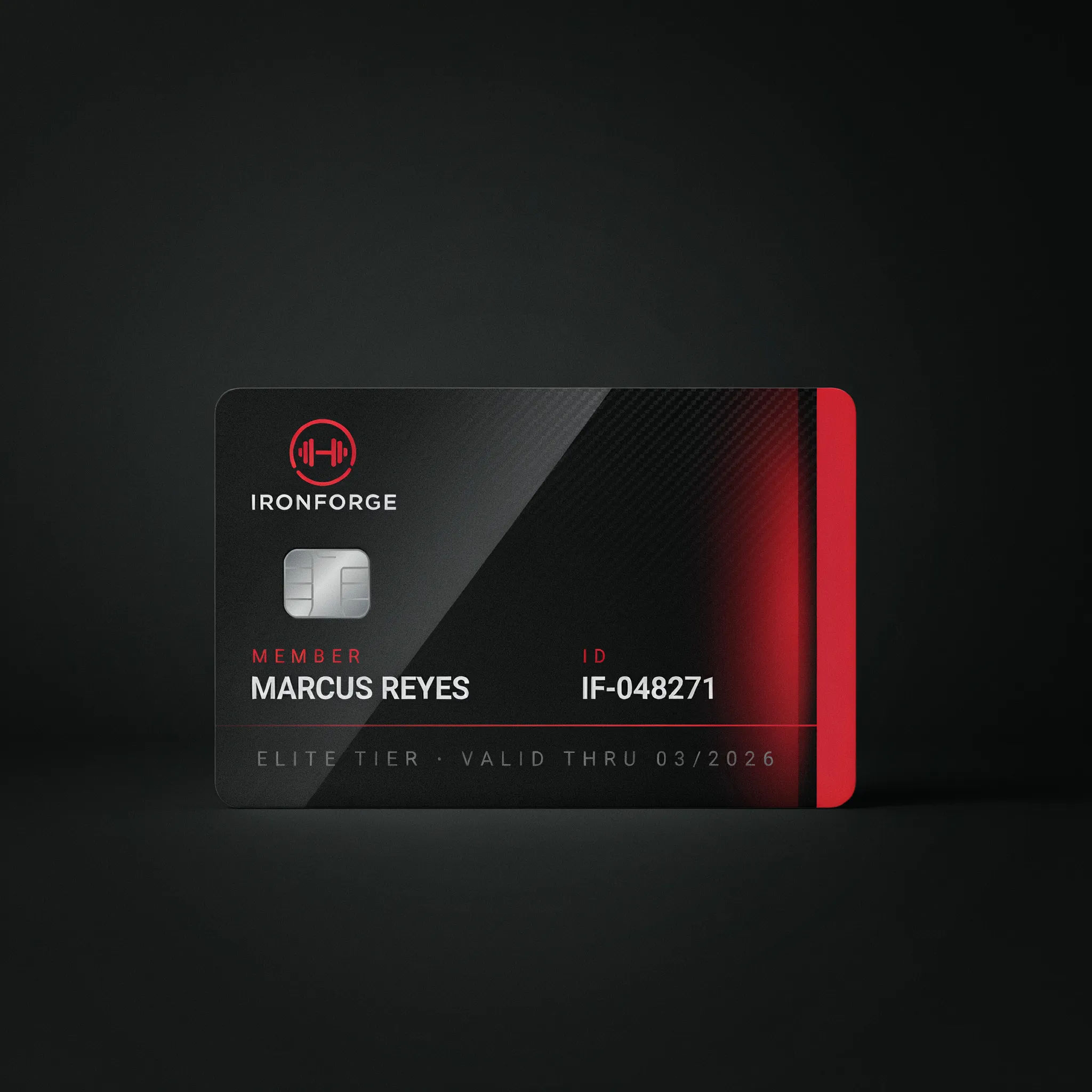 Sleek dark gym membership card with a red accent