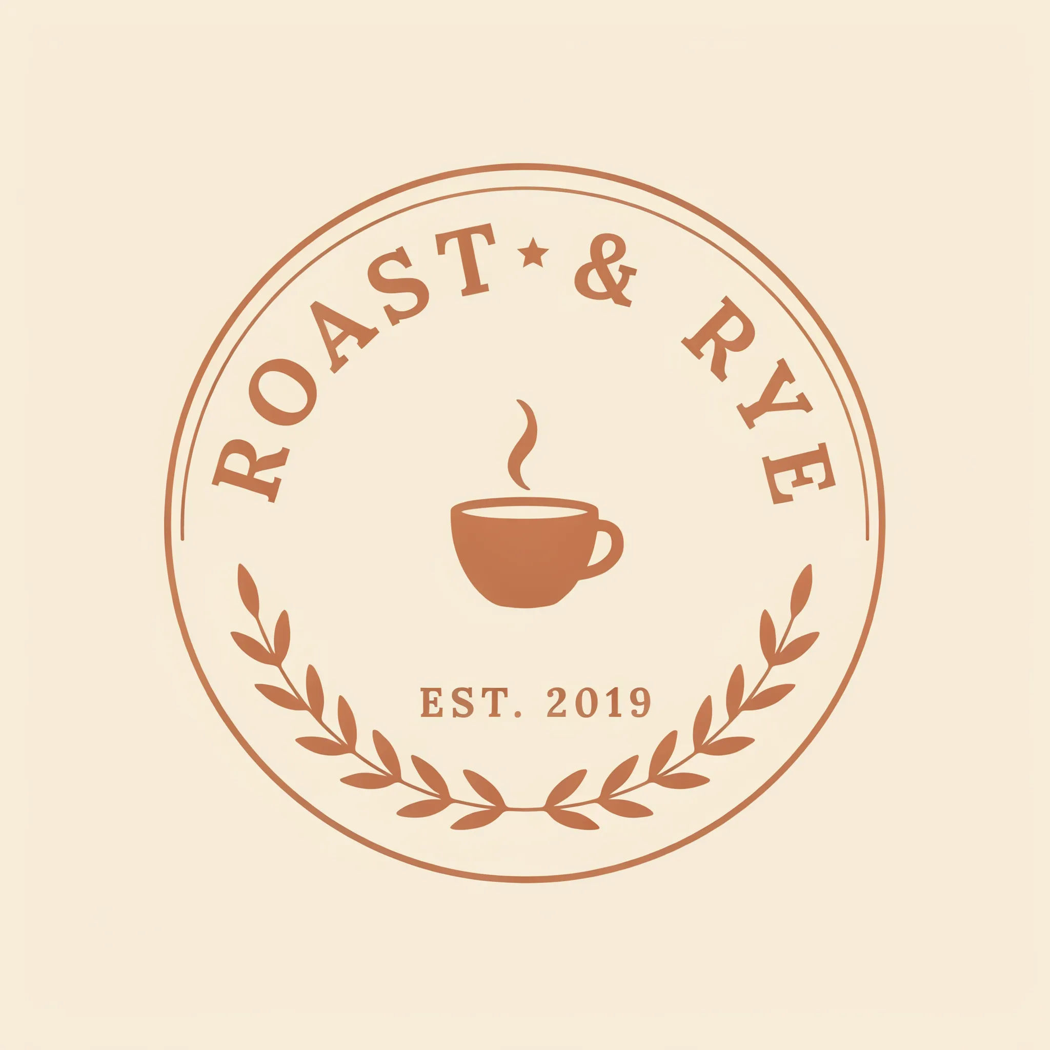 Round terracotta coffee badge logo with a cup icon