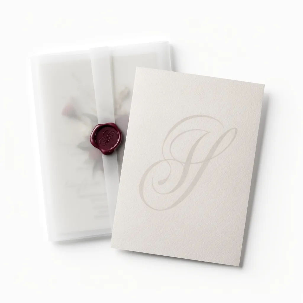 Wedding invitation with a vellum wrap and wax seal in a daylight flat lay