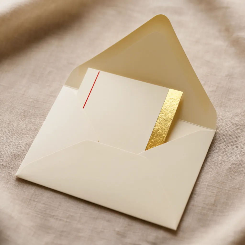 Invitation in a lined envelope with gold foil in soft window light