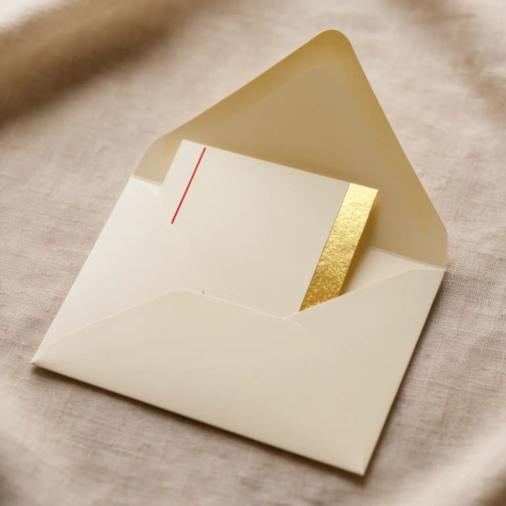 Convite em envelope forrado com foil dourado sob luz suave de janela