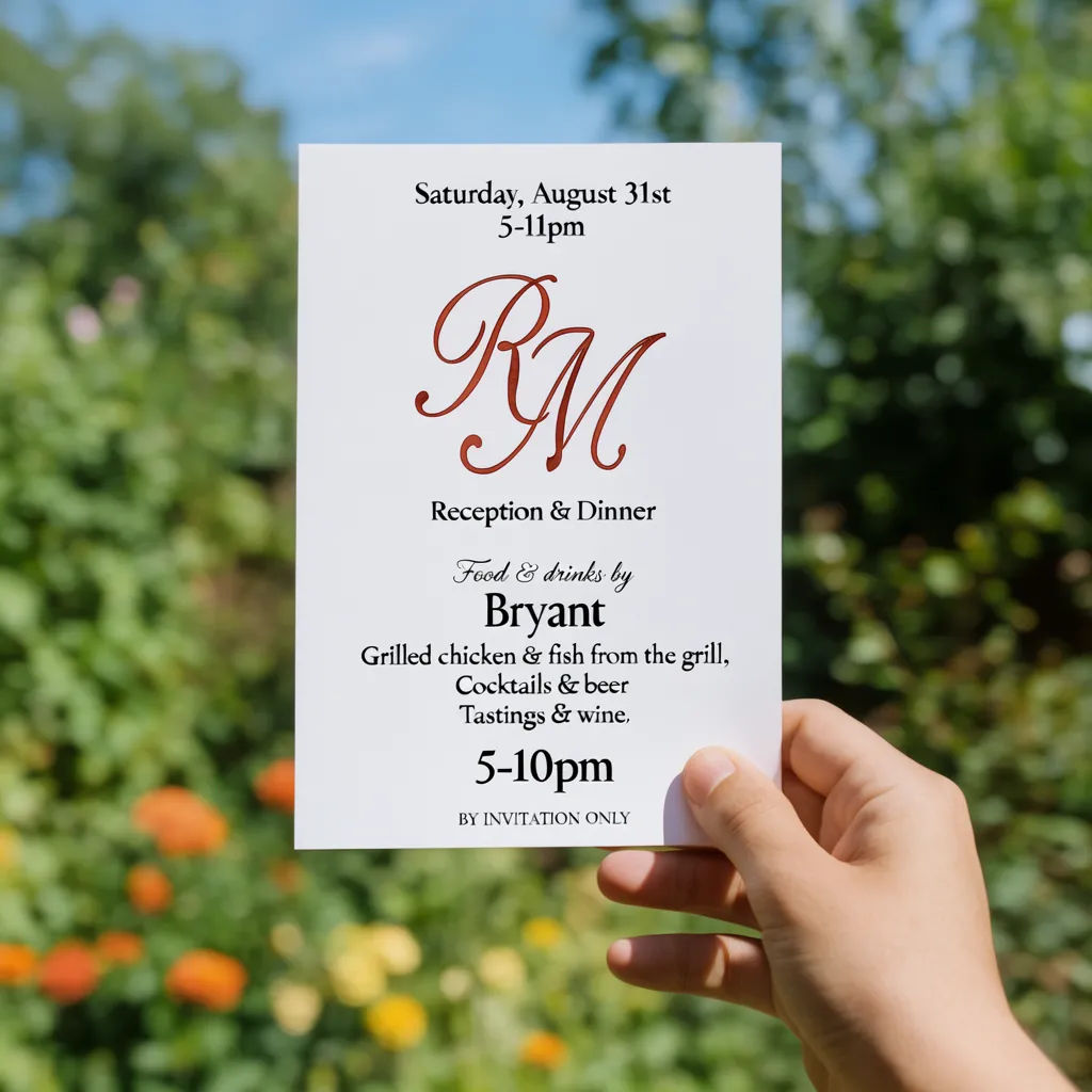 Hand holding an invitation against a blurred garden in warm light