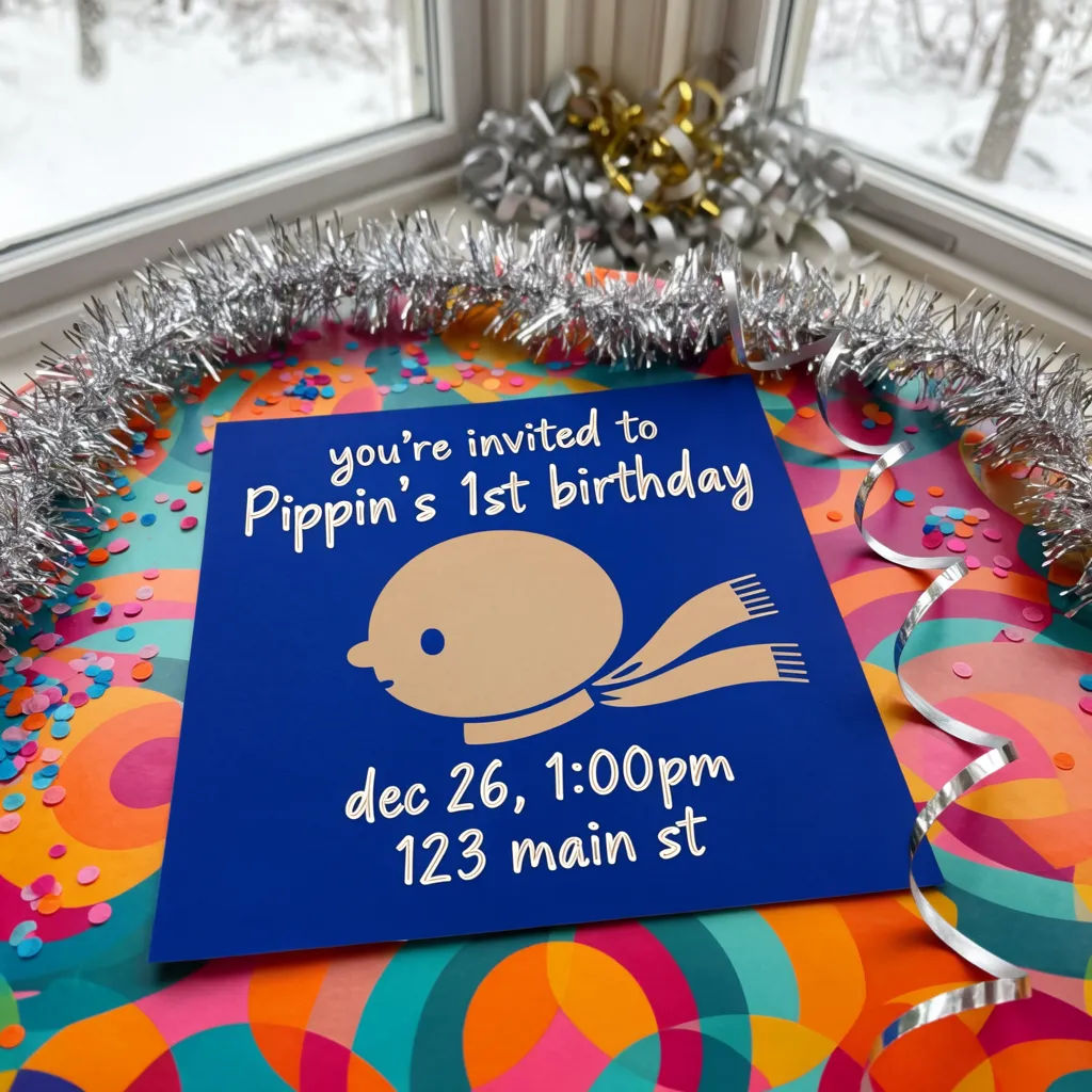 Bright party invitation on a colorful table with confetti and ribbon