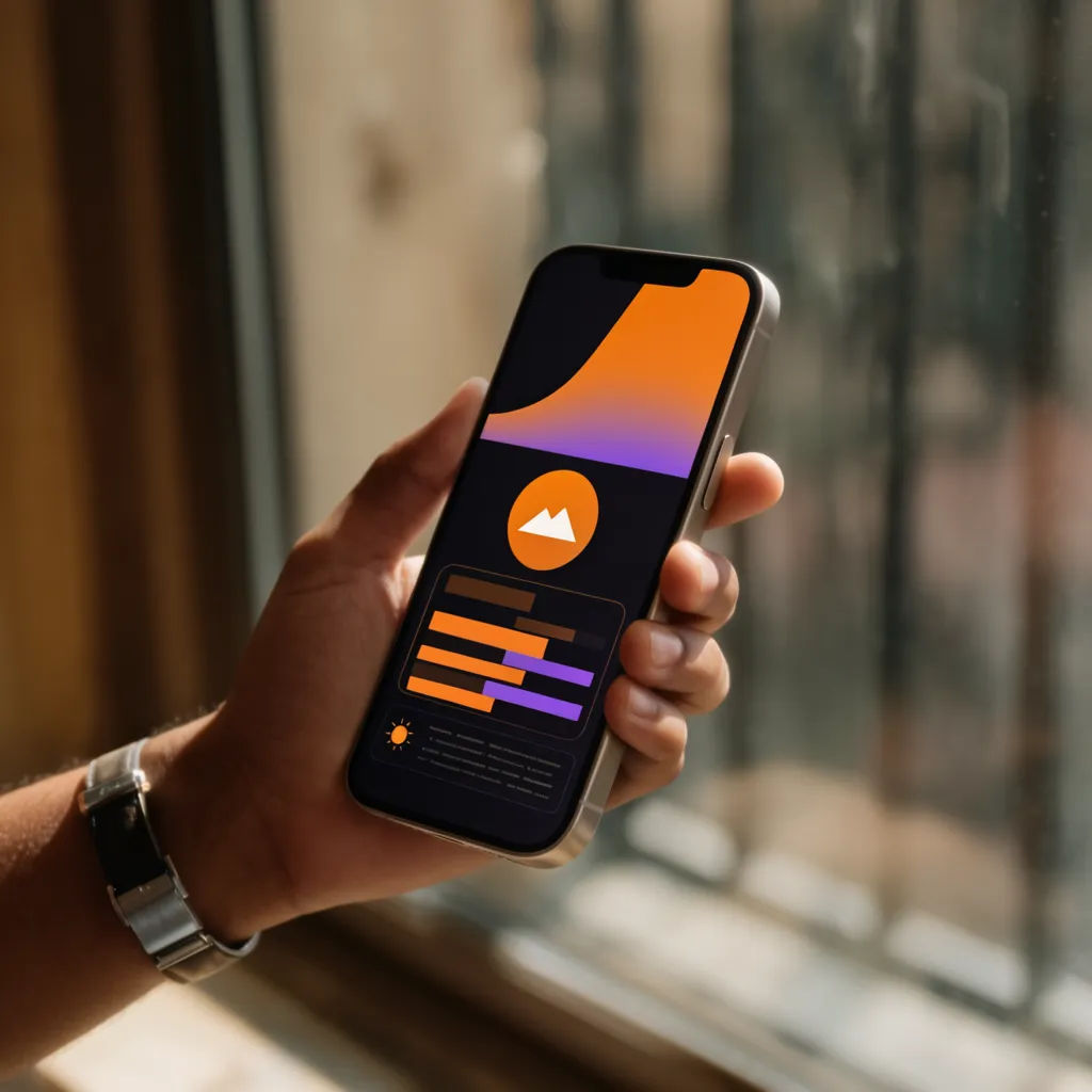 iPhone held in a hand by a window showing an app screen