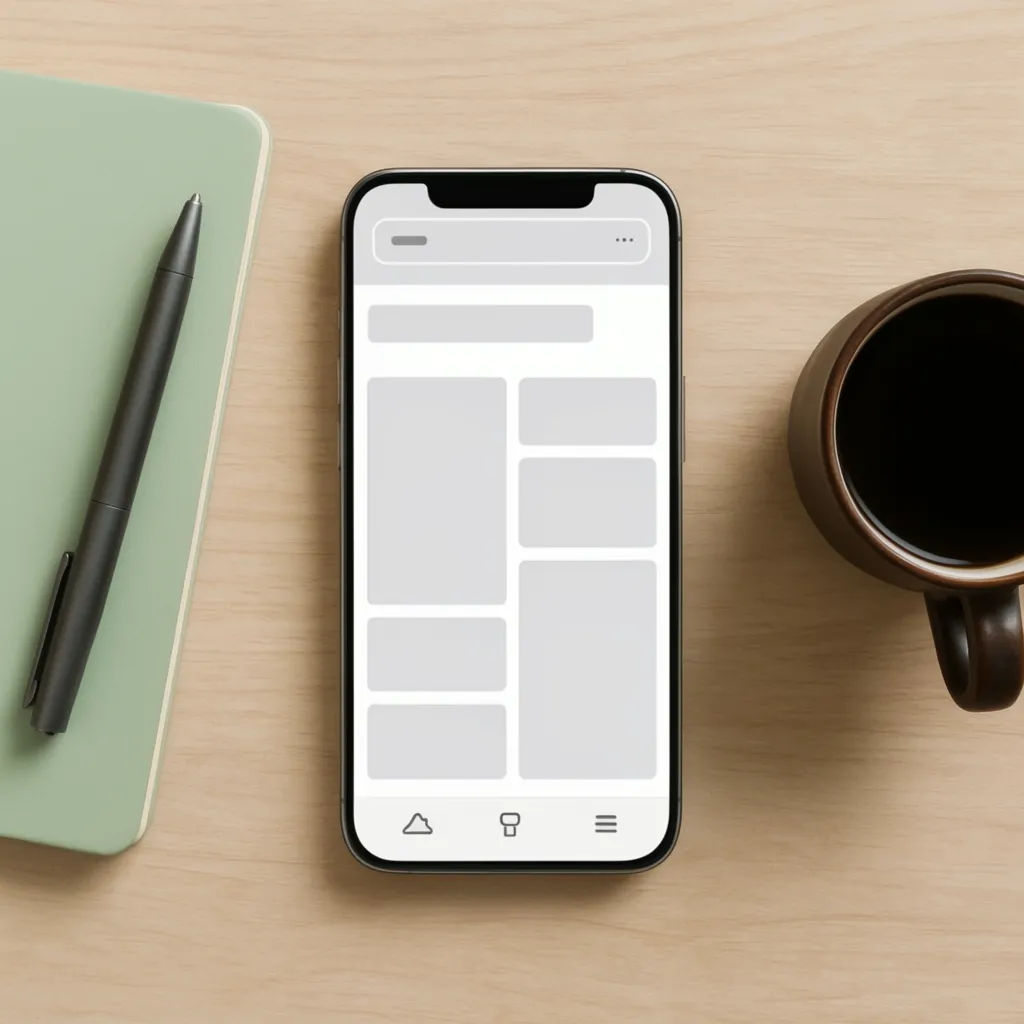 Top-down iPhone flat-lay on a wood desk with a notebook and coffee