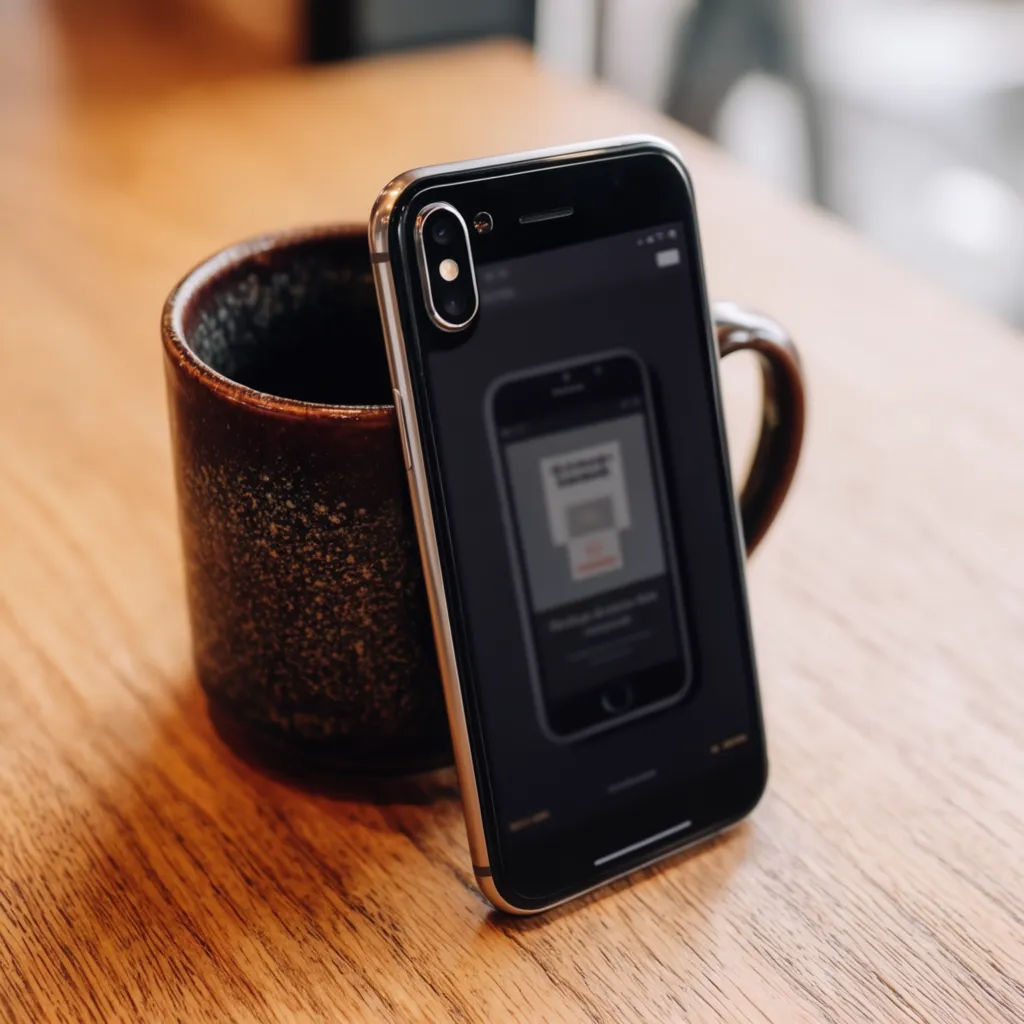 iPhone propped against a mug on a café table showing an app
