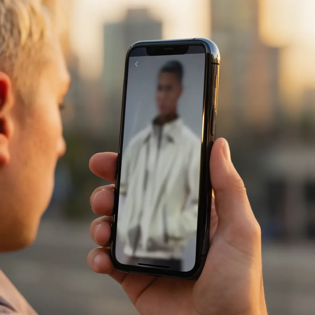 iPhone held on a city street showing an app screen in daylight