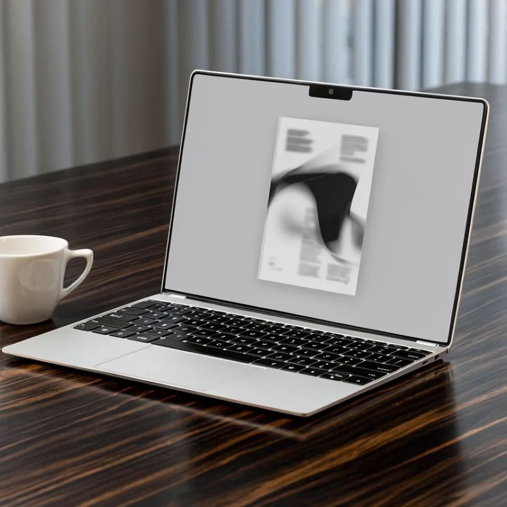 Slim silver laptop on a tidy wood desk with coffee showing a screenshot