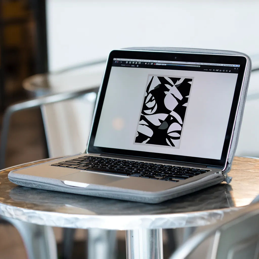 Laptop on a café table at a three-quarter angle showing a screenshot