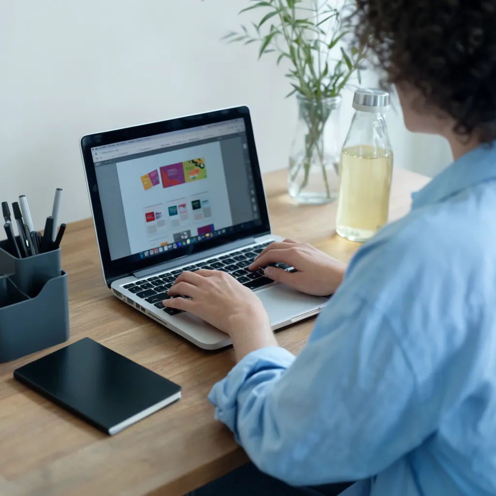 Over-the-shoulder view of hands typing on a laptop showing a screen