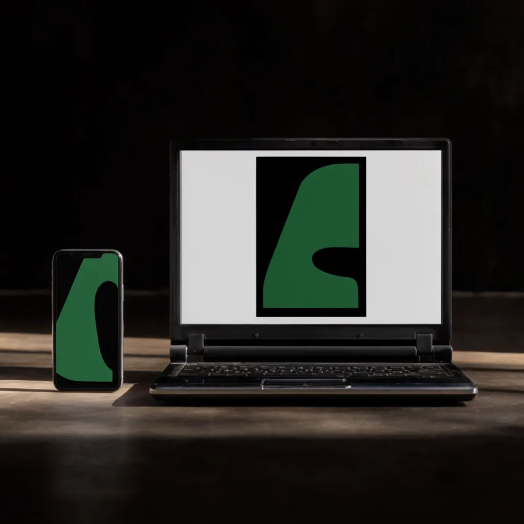 Laptop beside a phone on a desk showing matching screens