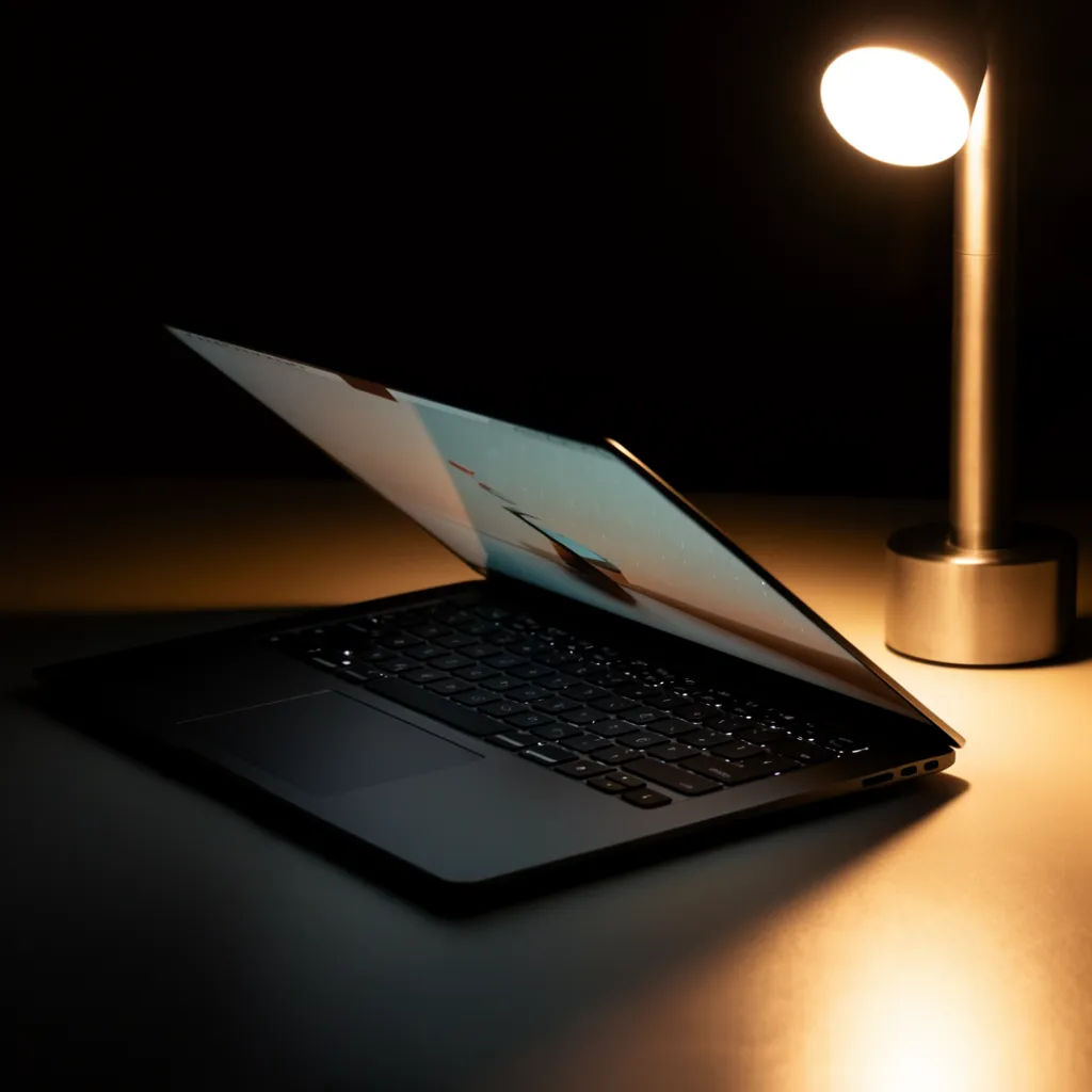 Dark laptop on a low-key desk lit by a single warm lamp