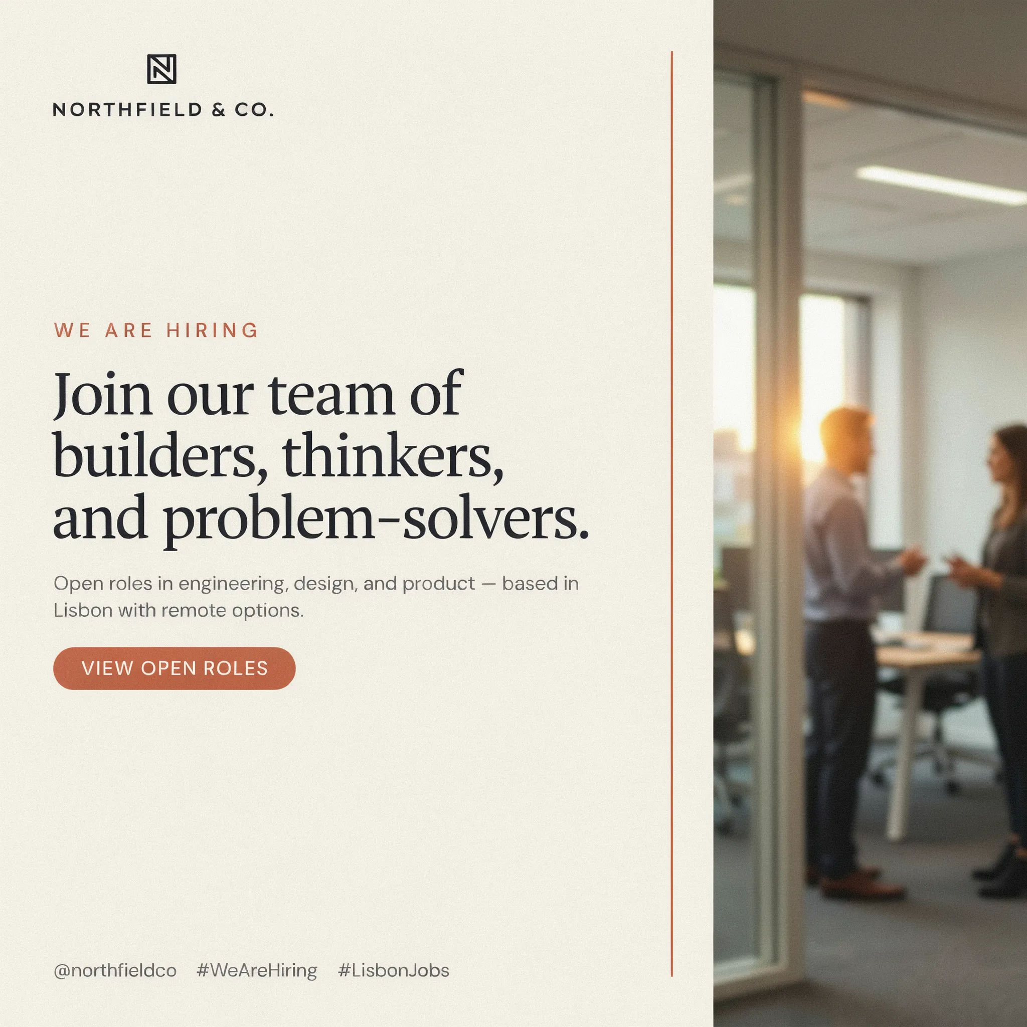 Square LinkedIn hiring announcement with a welcoming tone
