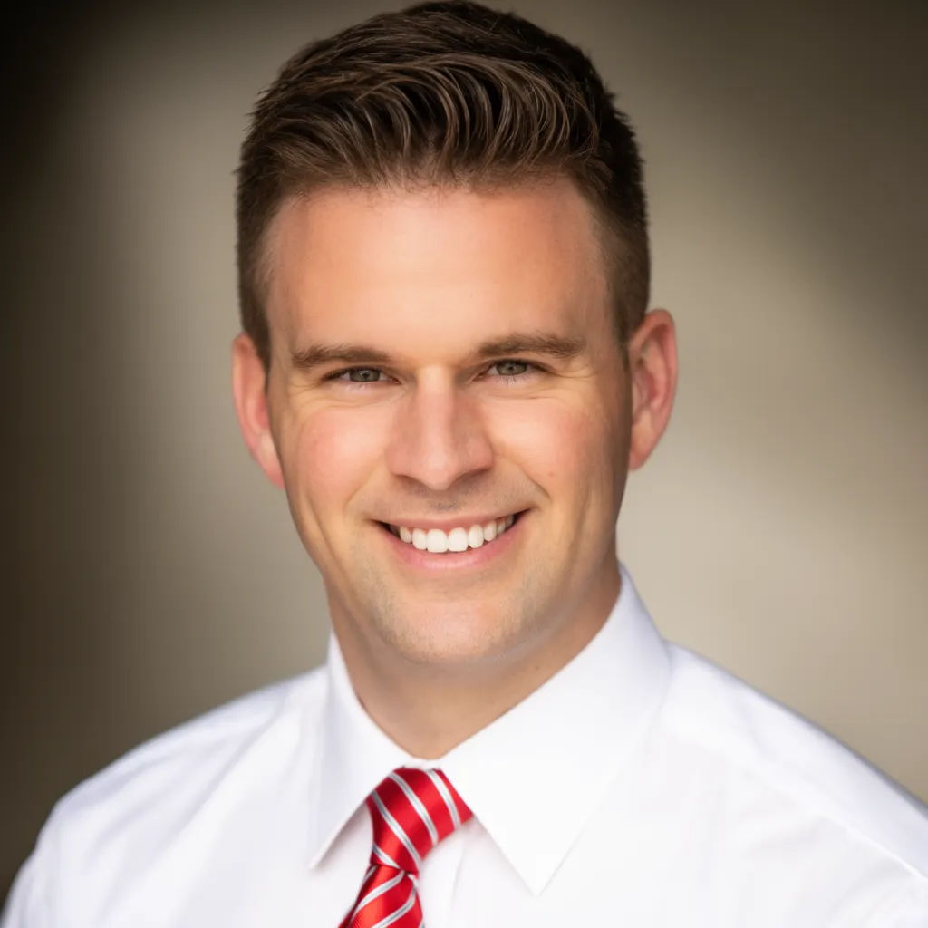 A profile photo with the outfit tidied to a smart professional look, face unchanged