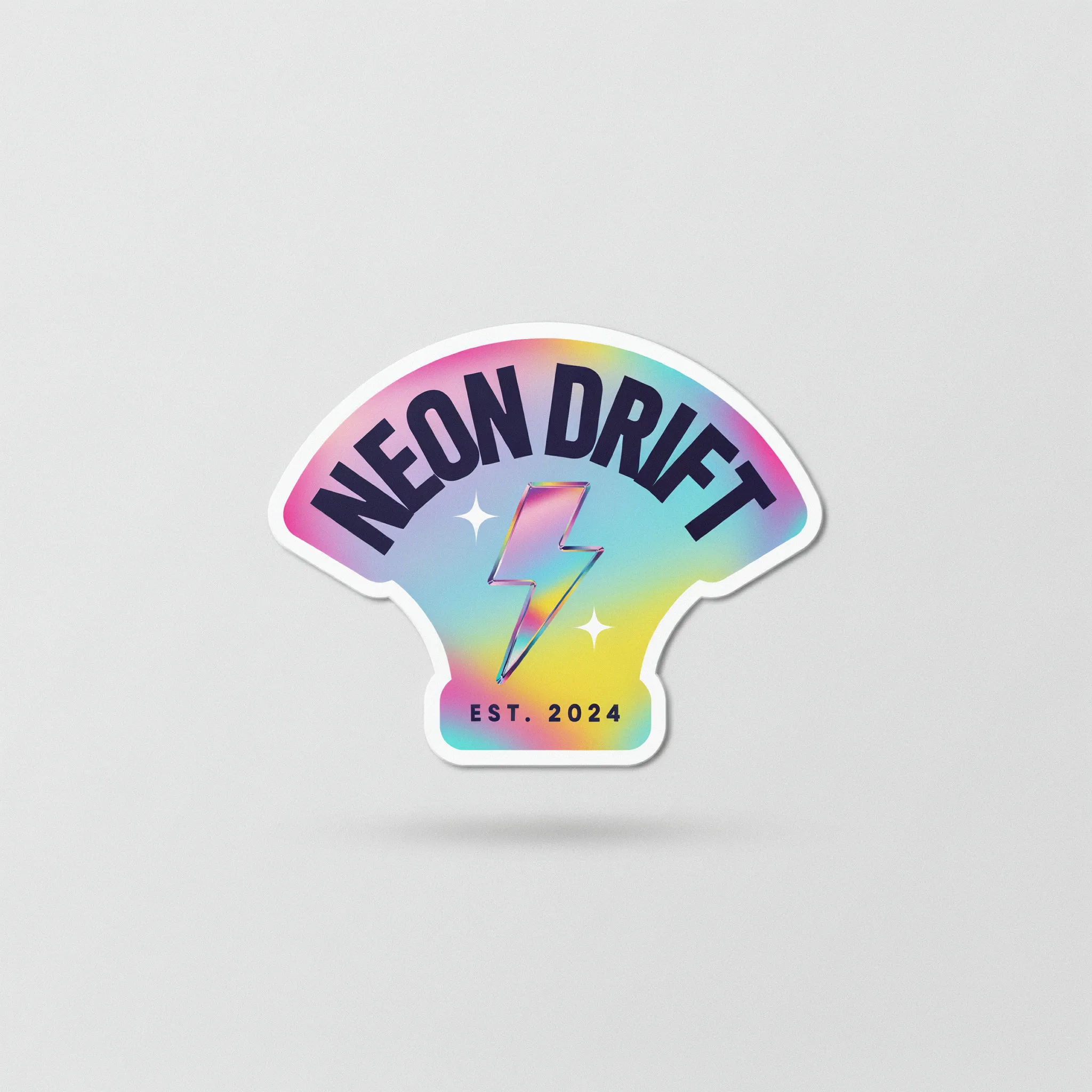 Logo sticker with an iridescent holographic sheen and a white border