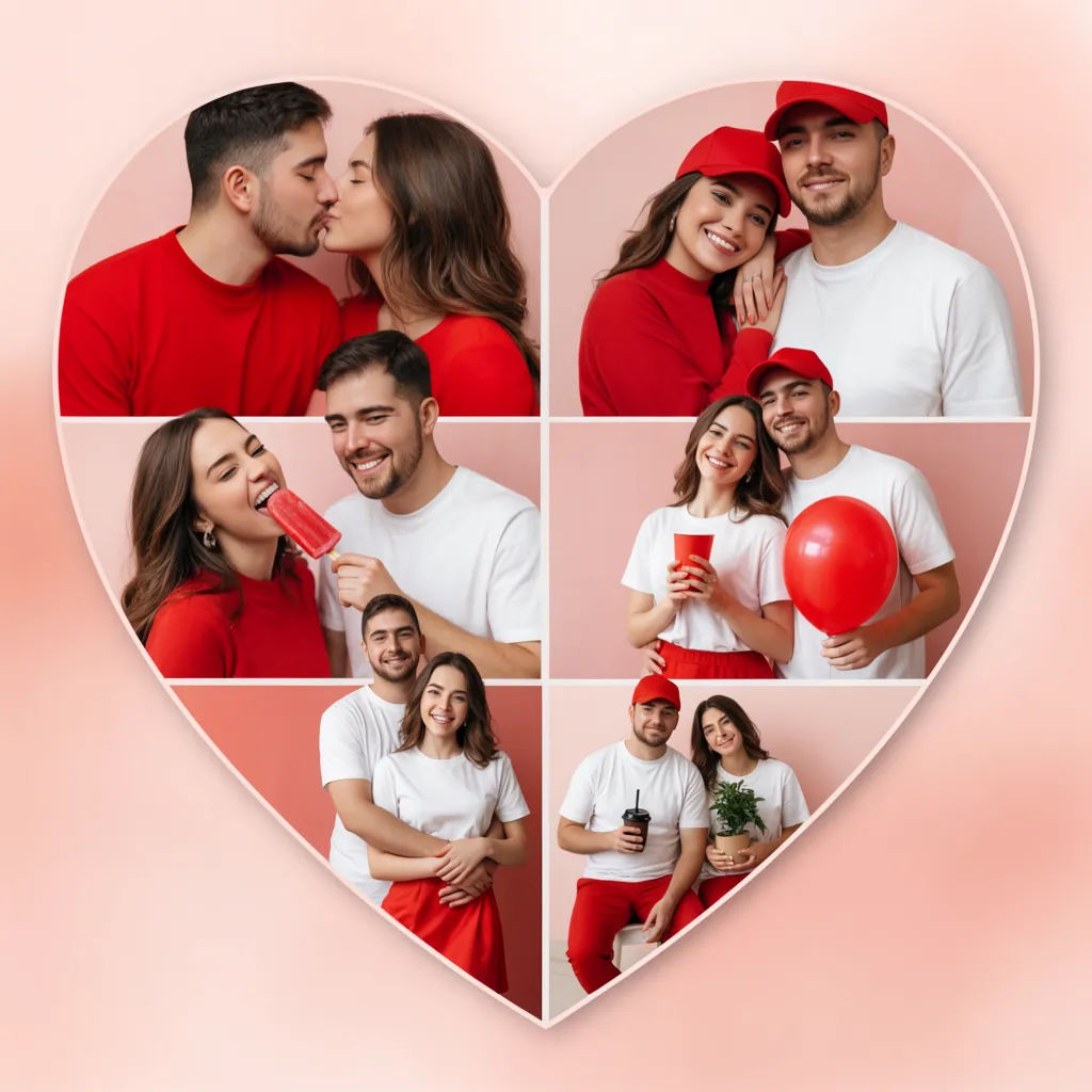 Couple photos fitted into a heart-shaped collage on a blush background