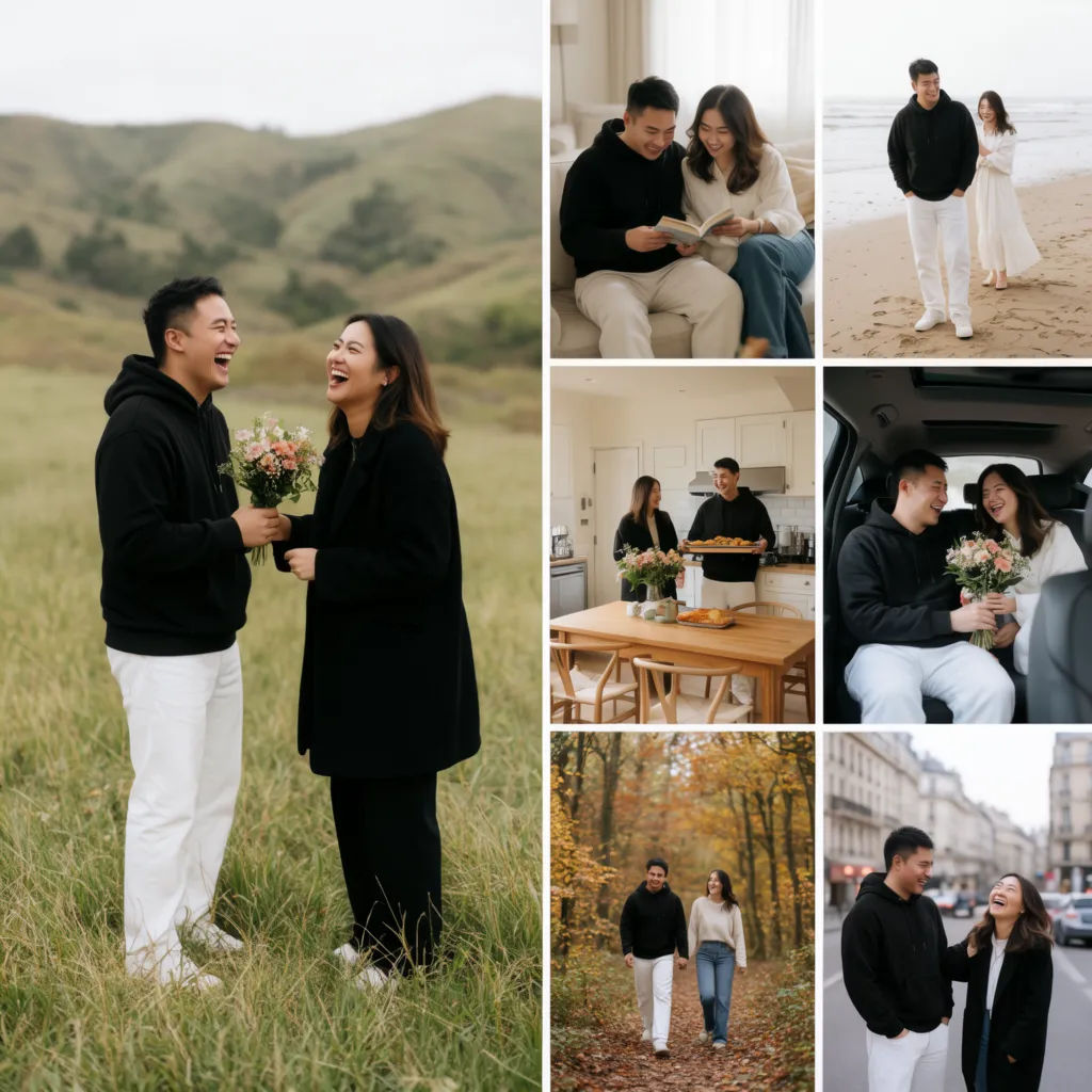 Collage with one large couple photo beside four smaller frames