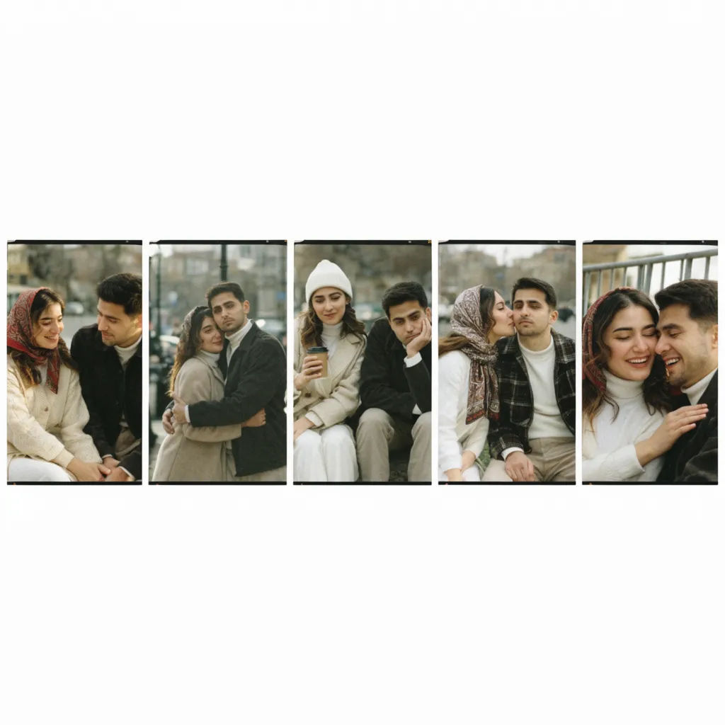 Five couple photos arranged into a wide filmstrip collage