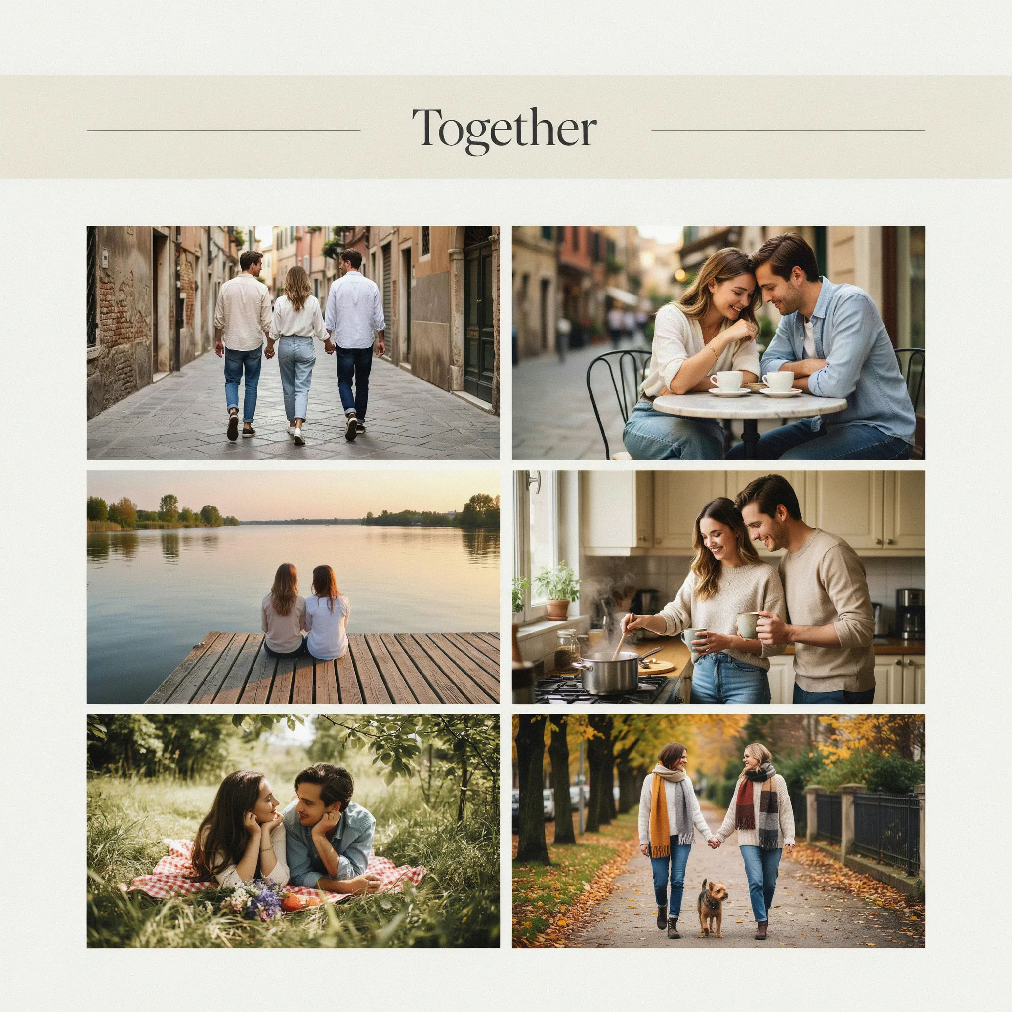 Couples photo grid collage with a title bar reading two names