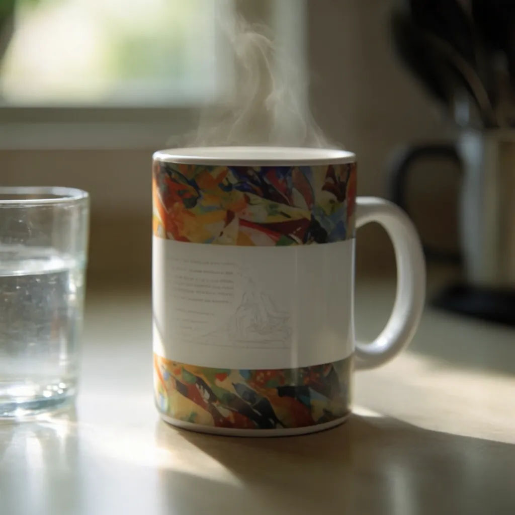 White ceramic mug with a wrapped design on a kitchen table with steam
