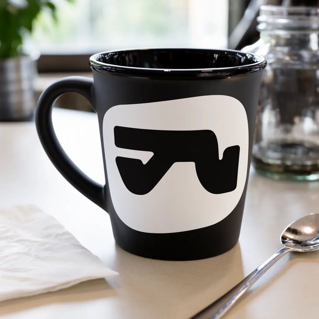 Matte black mug with a wrapped logo on a cafe counter
