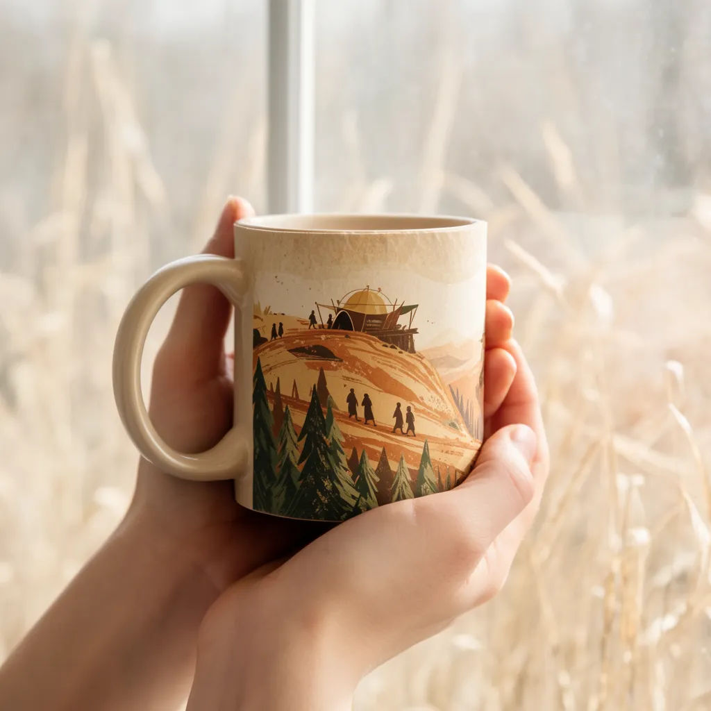 Mug with a wrapped design held in two hands by a window