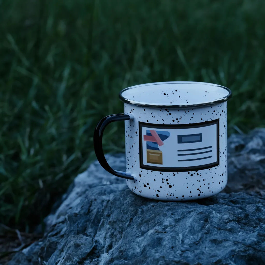 Speckled enamel camp mug with a wrapped design outdoors on a rock