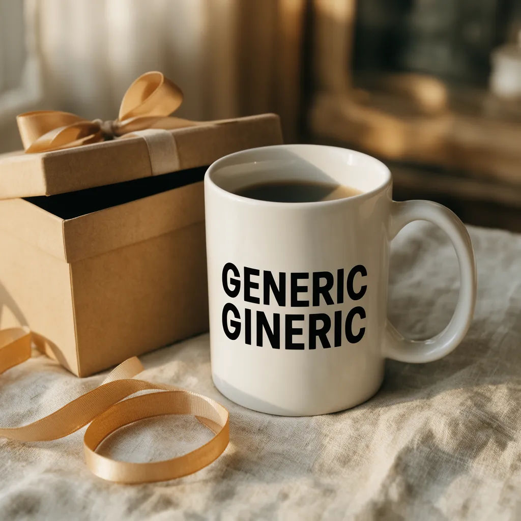 Printed mug beside an open gift box and ribbon on linen