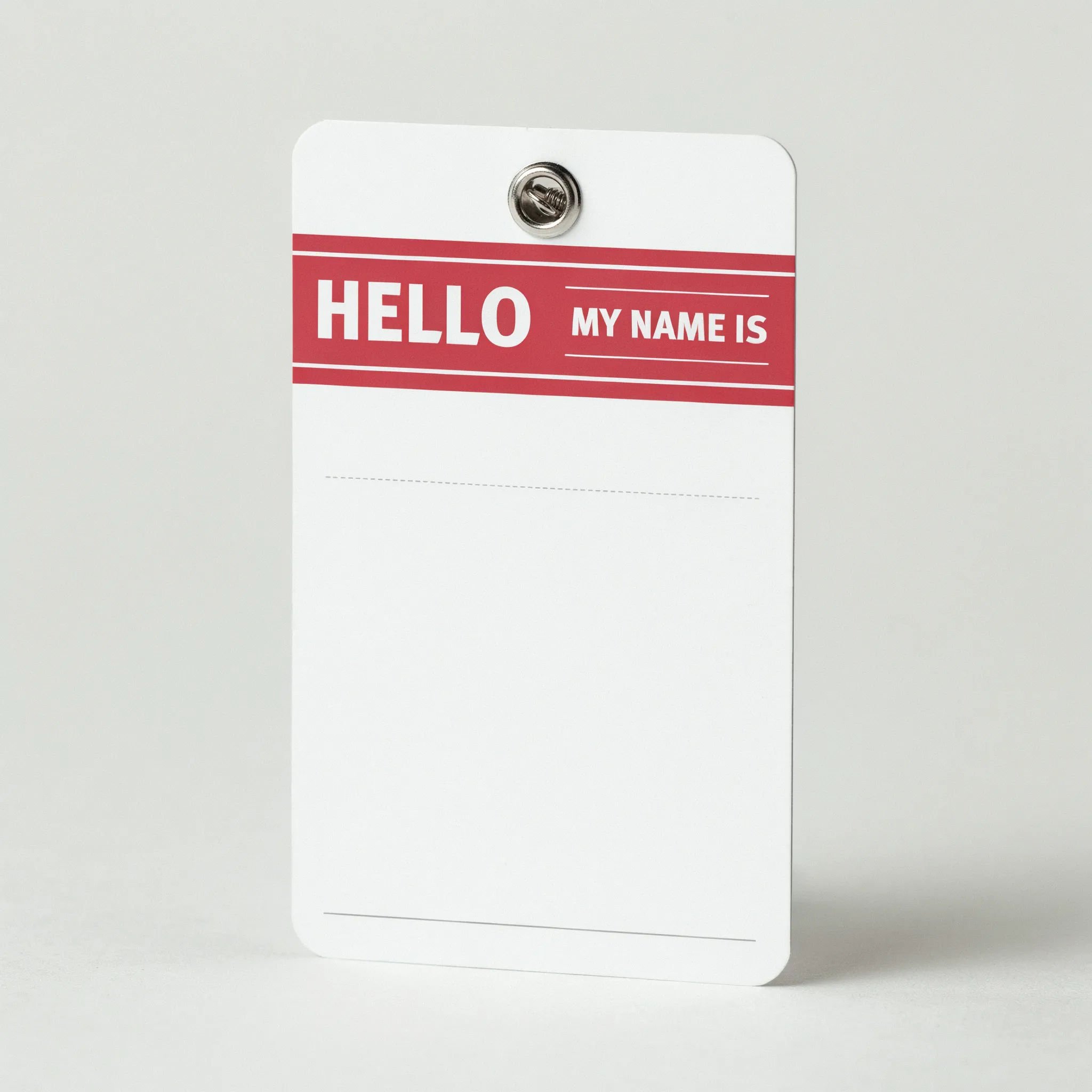 Red hello my name is badge with a wide blank writing area