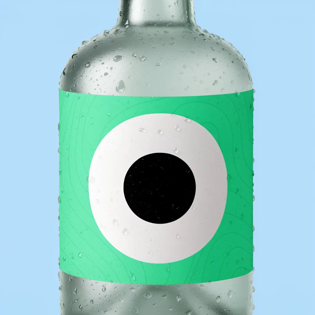 Frosted glass bottle with a wrapped label and condensation